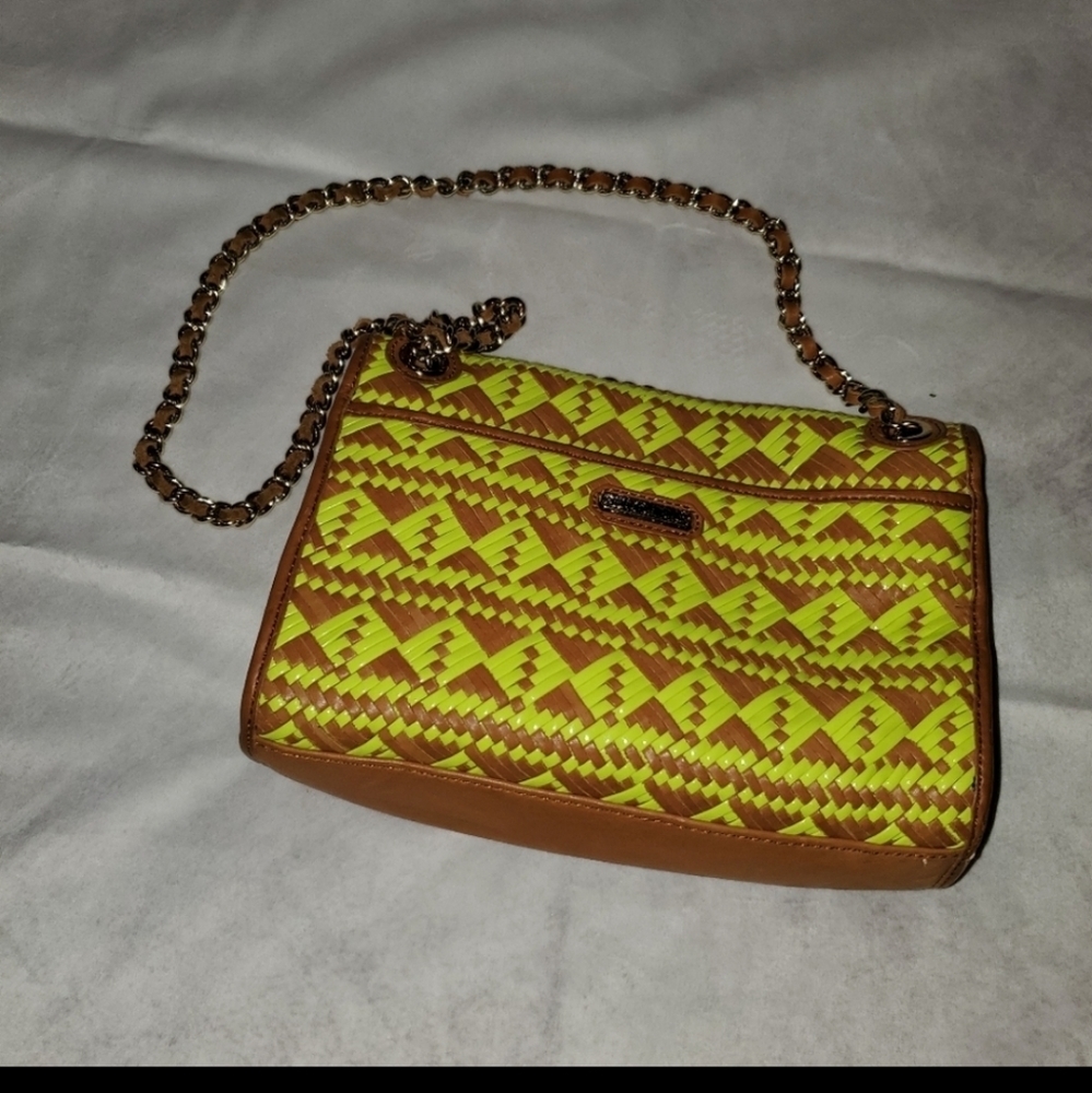 Rebecca Minkoff Woven Lime Green & Brown Leather Chain Crossbody Bag - Picture 3 of 11